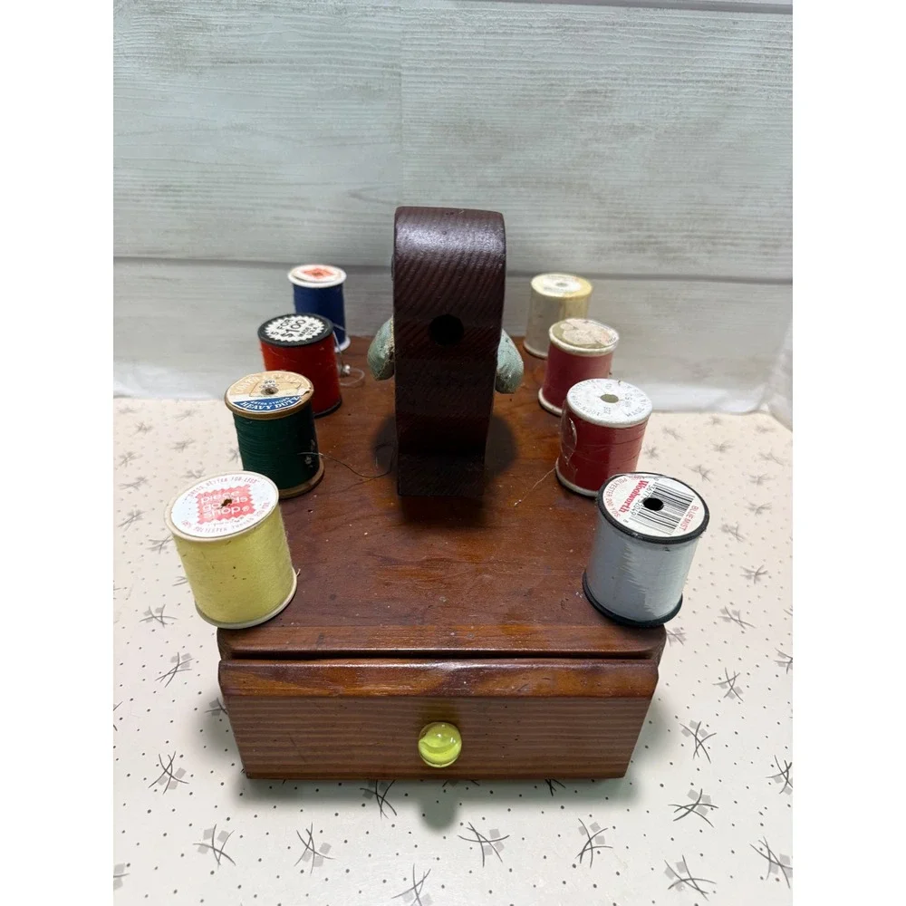 Vintage Wooden Bird Sewing Caddy Thread Organizer Pin Cushion with 20 Spools